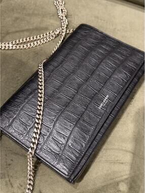 SAINT LAURENT - 2015 Embossed Croc Wallet on Chain, Black